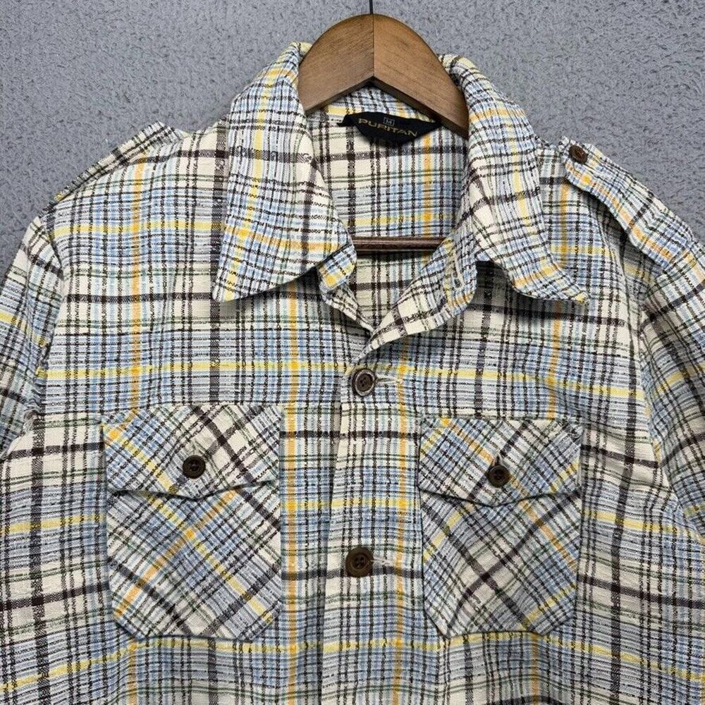 Vintage Puritan Shirt Men's Medium White Colorful Plaid Rockabilly Shacket 70s